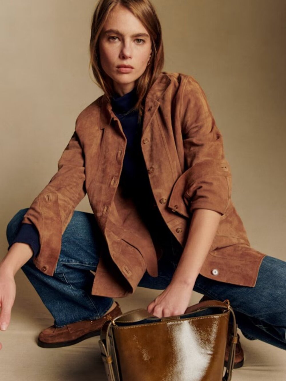 Sezane Will Jacket in Camel Suede, Size XS